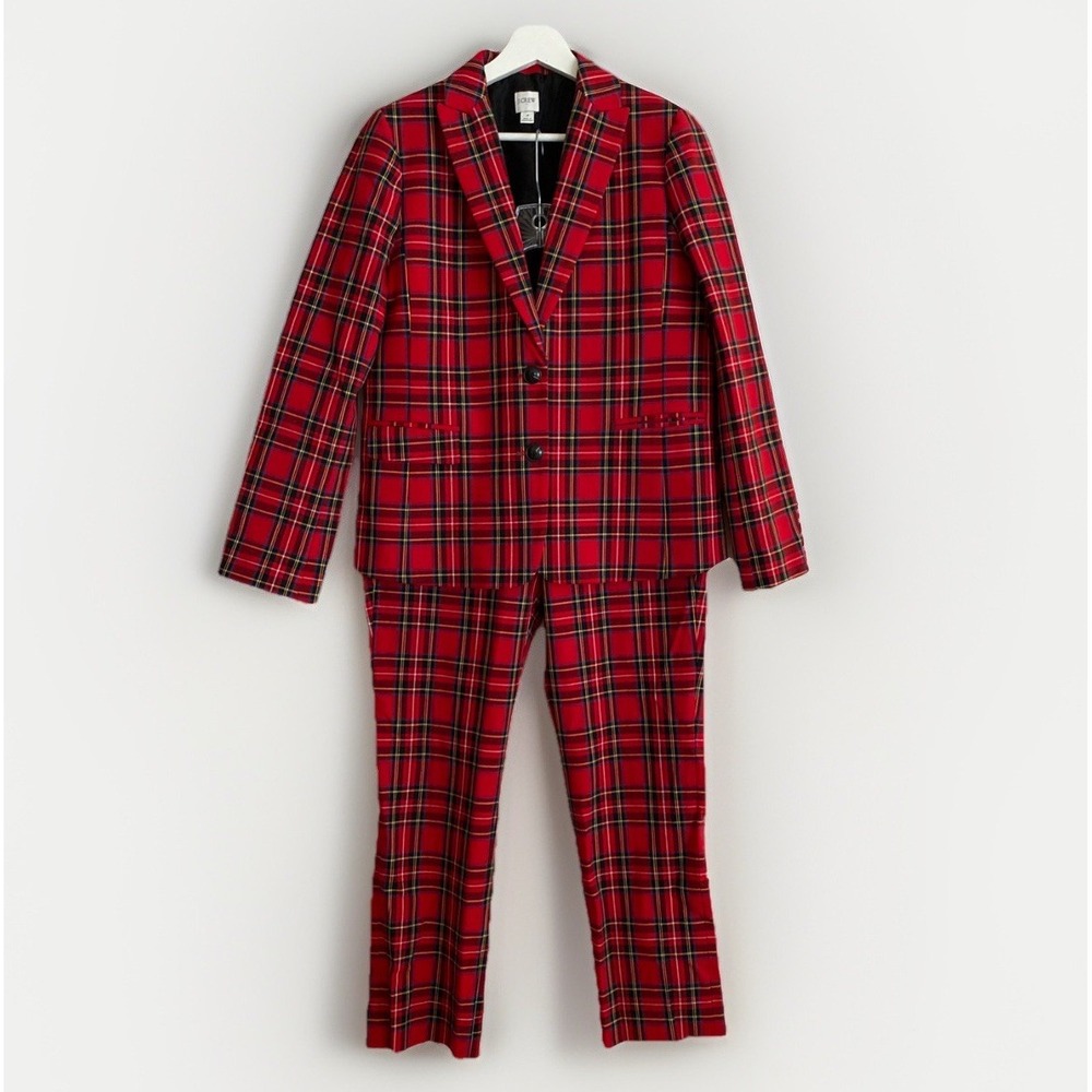 J. Crew Red Stewart Tartan Women's Suit Set Blazer 4 + Pants 8 Holiday Plaid